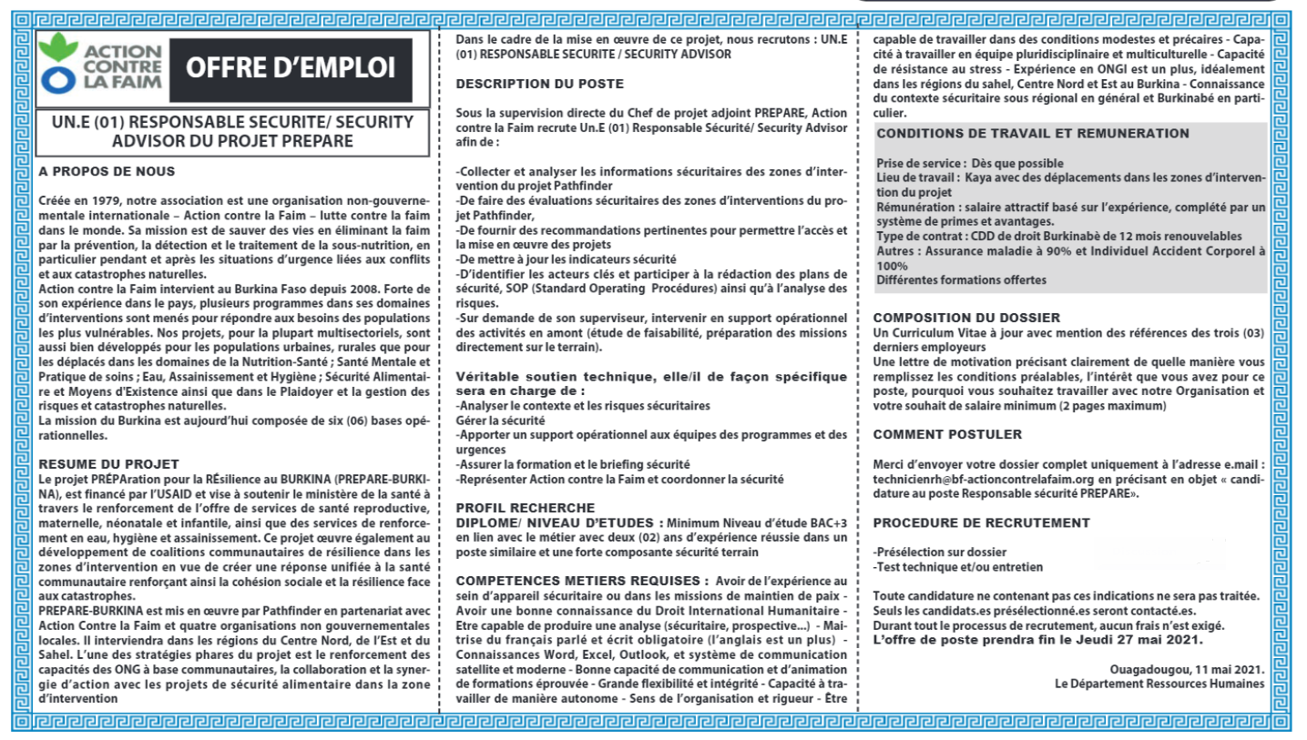 Recrutement de 01 Responsable Sécurité / Security Advisor